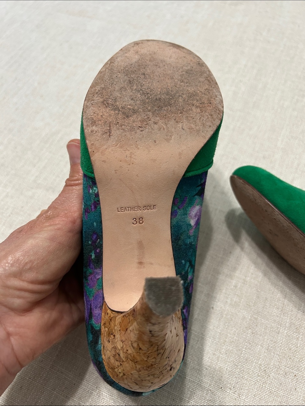 Plenty by Tracy Reese Hayden Floral Pump Emerald Green Suede Retro Cork Heel 38 - Picture 7 of 13